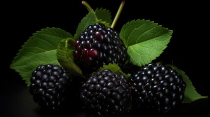 Ripe blackberries with leaves, dark background, close-up view.