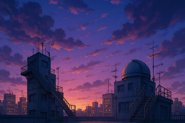 Anime style city rooftops with an observatory at sunset.