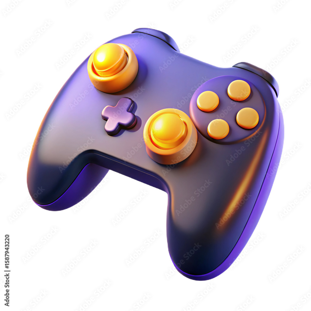 Poster 3d render of a purple and gold game controller on transparent background for gaming and entertainmen
