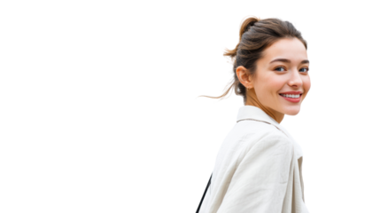 Smiling woman in a casual outfit looking back over her shoulder, bright and cheerful expression.