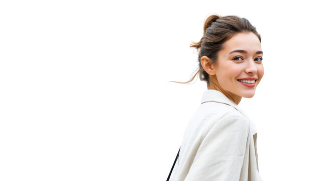 Smiling woman in a casual outfit looking back over her shoulder, bright and cheerful expression.