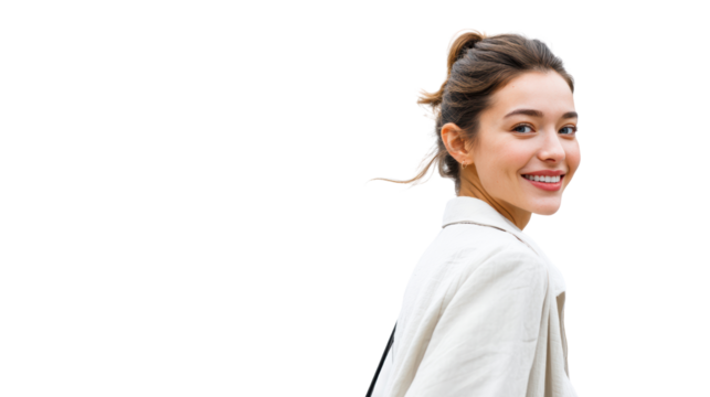 Smiling woman in a casual outfit looking back over her shoulder, bright and cheerful expression.