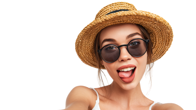 Smiling woman in a straw hat and sunglasses, playful expression, isolated on a white background.