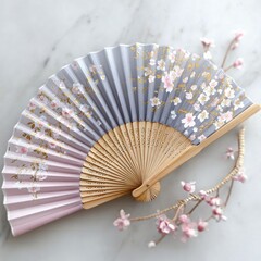 Elegant Handcrafted Fan with Floral Design and Cherry Blossom Detail