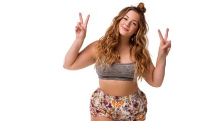 Smiling woman posing playfully with peace signs, showcasing confidence and joy, on a transparent background.