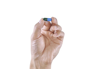 A human hand squeezing a dropper filled with medicine, isolated on a clean background.