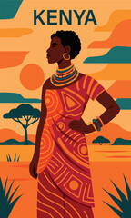 Kenya. Flat bright vector illustration of Kenyan woman in traditional Maasai clothing with abstract savanna elements in the background. Strong, colorful symbolic artwork, African culture