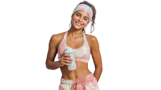 Smiling woman in workout attire holding a water bottle, promoting fitness and healthy lifestyle.