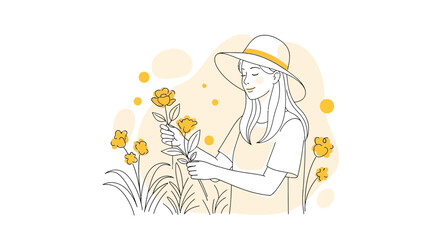 Obraz premium Woman in a hat tending yellow flowers in a garden, depicted in a minimalist line art style with soft color accents.