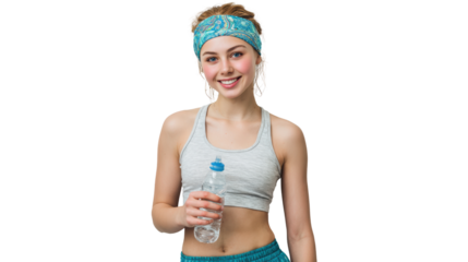 Smiling young woman in fitness attire holding a water bottle against a white background.