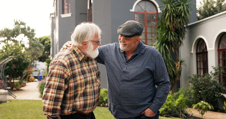 Senior men, friends and hug outdoor with smile, greeting and conversation at retirement village....