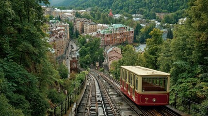 Scenic mountain cable car, urban backdrop