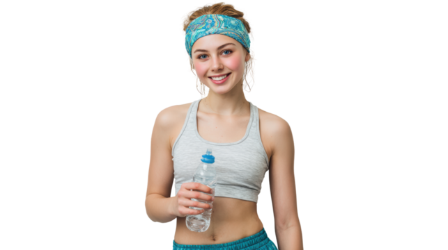 Smiling young woman in fitness attire holding a water bottle against a white background. - Powered by Adobe