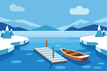 Fototapeta premium Winter Lake Scene: Flat Vector Illustration of Snowy Mountains, Ice, Dock, and Boat in a Cold Blue Landscape for Web Design