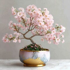Beautiful Cherry Blossom Bonsai Tree in Elegant Decorative Pot