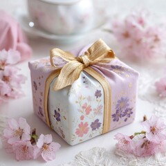 Beautifully Wrapped Gift with Floral Design and Soft Pastel Colors