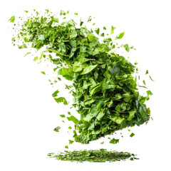 Obraz premium Leafy green tornado swirl on clean white background. Flying foliage and scattered fragments suggest motion. Natural energy and fresh growth. Ideal for sustainability ads, eco branding