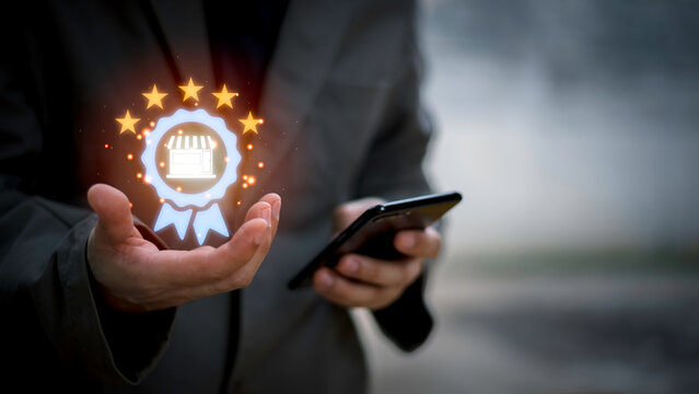 Certified business concept with quality assurance icon top of service in hand, representing trusted services and verified shops. Ideal for e-commerce, brand trust, or digital marketing visuals.