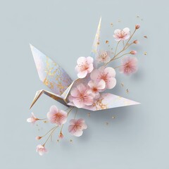Elegant Paper Crane with Cherry Blossom on Soft Blue Background