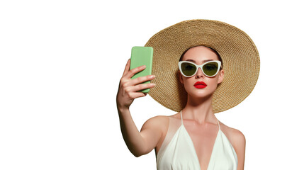 Stylish woman in sunglasses and hat taking a selfie with a smartphone against a white background.