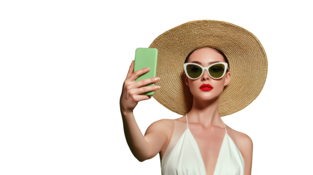 Stylish woman in sunglasses and hat taking a selfie with a smartphone against a white background. - Powered by Adobe