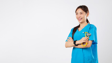 Young asian nurse, woman portrait with arms crossed in a clinic shows a friendly medic, confident...
