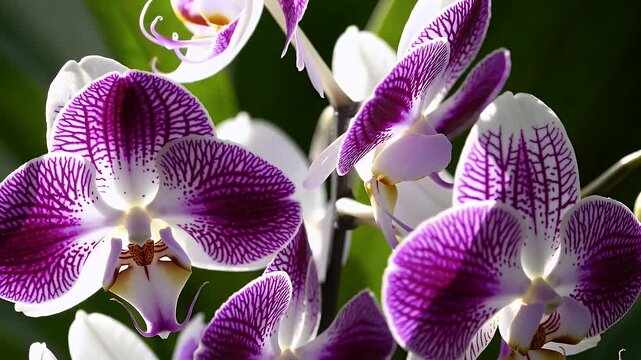 elegant close up view of purple and white orchids with delicate petal patterns creating a luxurious floral aesthetic perfect for romantic botanical visuals spa scenes or upscale wedding stock