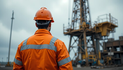 Realistic HD image of an oil field worker from behind, wearing safety gear and working around drilling equipment. Face not visible, muted tones, natural lighting, and professionally composed for edito