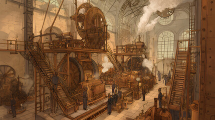90s industrial space atmosphere with steam engines