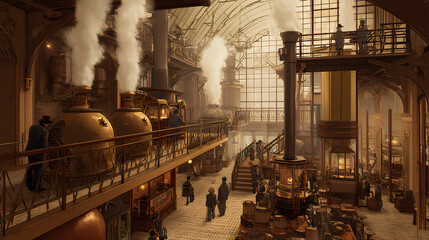 90s industrial space atmosphere with steam engines