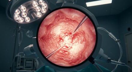 Close-up view through a surgical microscope, revealing instruments operating on internal tissue during a medical procedure in a sterile operating room.