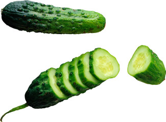 Fresh green cucumber cut into slices and a whole cucumber isolated on transparent background