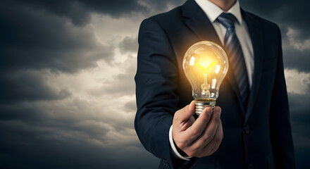 Businessman holding a glowing light bulb with a small plant growing inside
