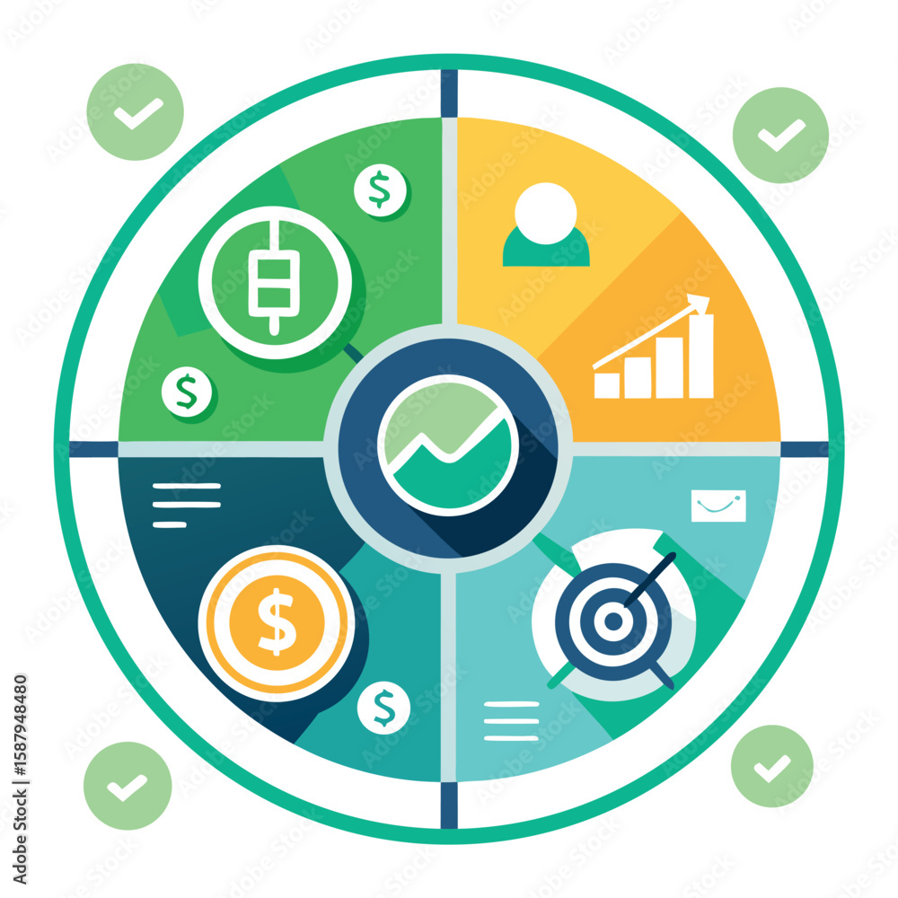 Poster a colorful circular process chart with various icons representing financial success target audience 