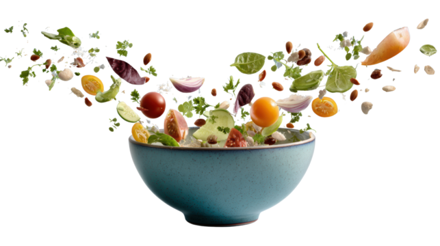 Vibrant ingredients floating above a blue bowl, creating a dynamic culinary display on a white background.