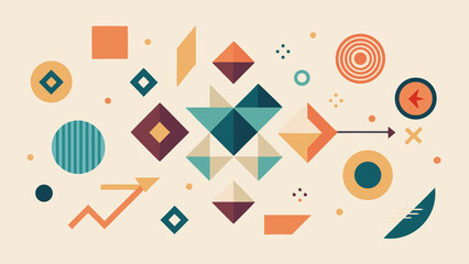 Abstract layout with overlapping cultural symbols like dots, diamonds, zigzags, and arrows on a soft ivory background