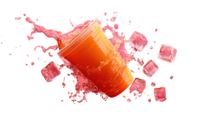 Vibrant orange drink splashing from a cup surrounded by ice cubes, dynamic and refreshing
