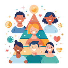 A colorful illustration representing maslow's hierarchy of needs showing a marketing funnel with smiling diverse people on white background.