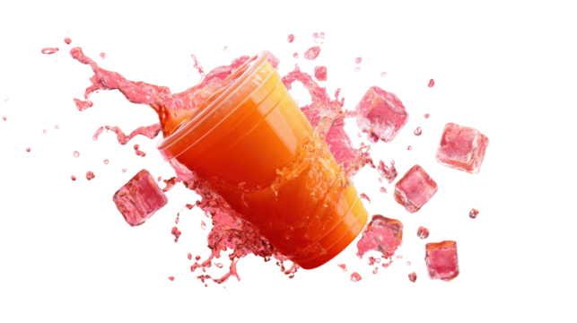 Vibrant orange drink splashing from a cup surrounded by ice cubes, dynamic and refreshing