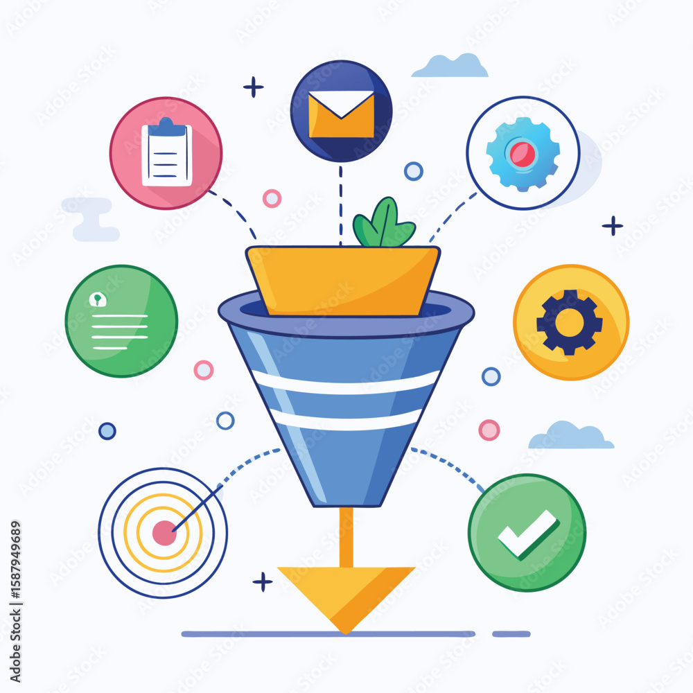 Poster a modern illustration showing the stages and components of a business marketing funnel and workflow 