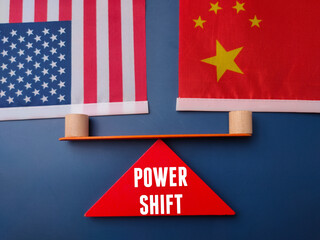 Us and china flag with the word POWER SHIFT on a blue background.