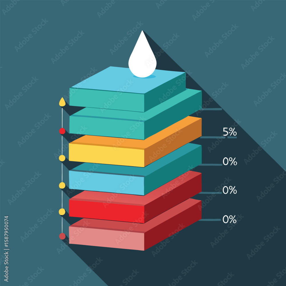Poster abstract 3d graphic representing percentage analysis with water drop above multiple color layered bl