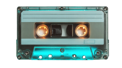 Vintage cassette tape with transparent casing, isolated on white background.