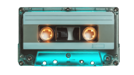 Vintage cassette tape with transparent casing, isolated on white background.