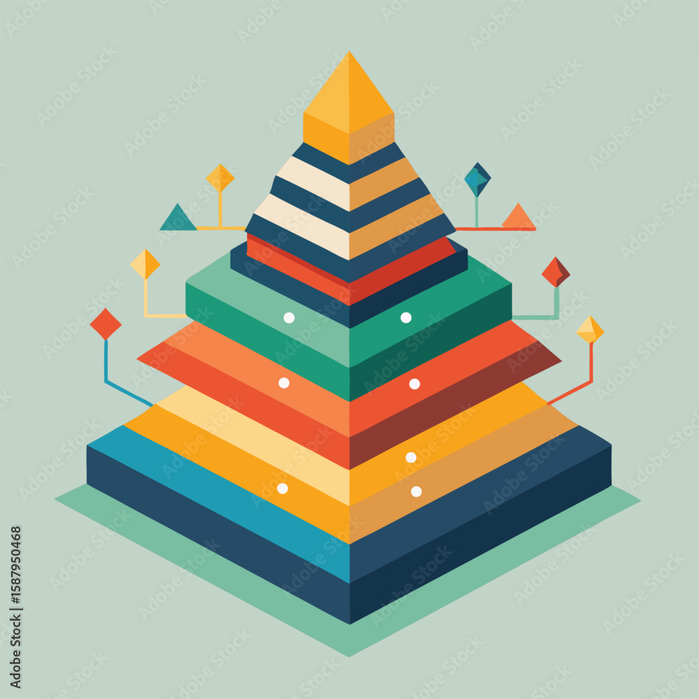 Poster abstract geometric pyramid infographic with layered steps and interconnected data points representin