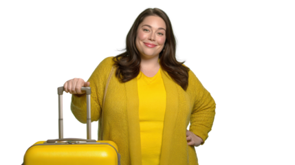 Woman in yellow clothing smiling, holding a yellow suitcase, ready for an adventure on a white isolate background.