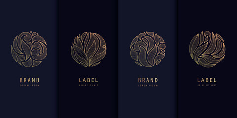 Vector set of line leaves circle logos, floral round luxury design, abstract spa floral emblems. Beauty monogram graphic.