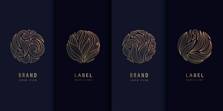 Vector set of line leaves circle logos, floral round luxury design, abstract spa floral emblems. Beauty monogram graphic.