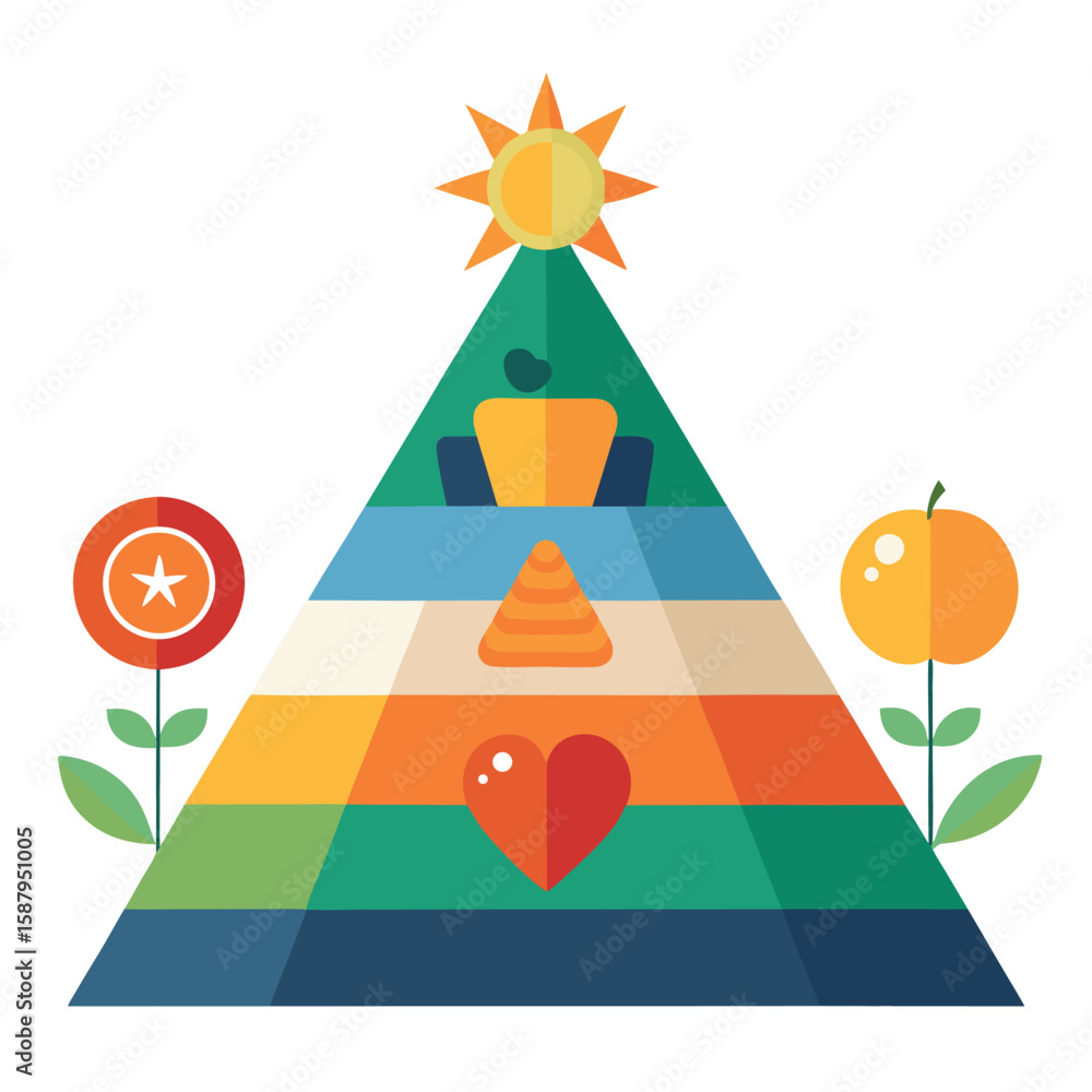 Poster abstract illustration representing maslow's hierarchy of needs as a pyramid with stylized elements f