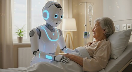 A humanoid robot attends to an elderly woman lying in a hospital bed, providing companionship and assistance.
